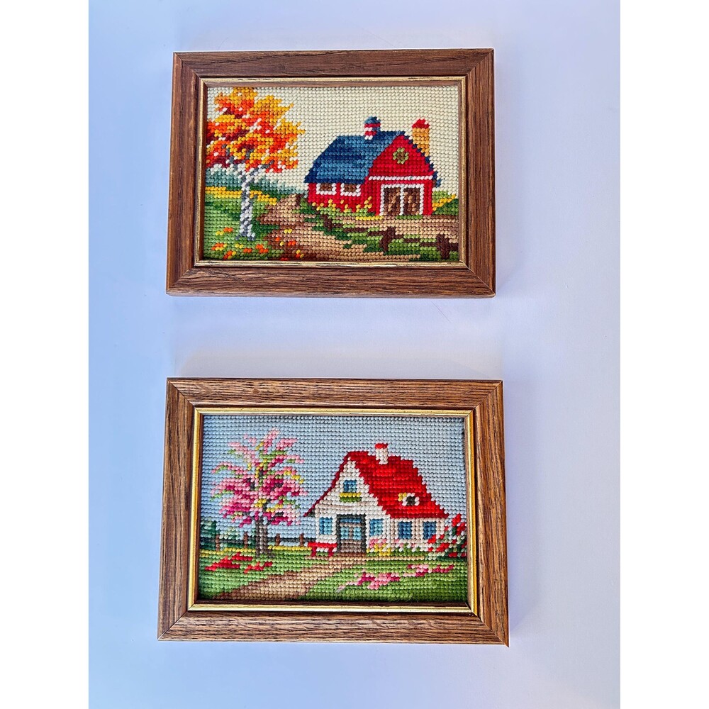 Vintage Framed Needlepoint Art - Spring, Autumn Country Landscapes - Set of 2